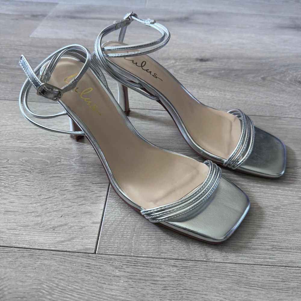 Lulu's Ellara Silver Metallic Square Toe Strappy Ankle Stiletto Heels Size 7